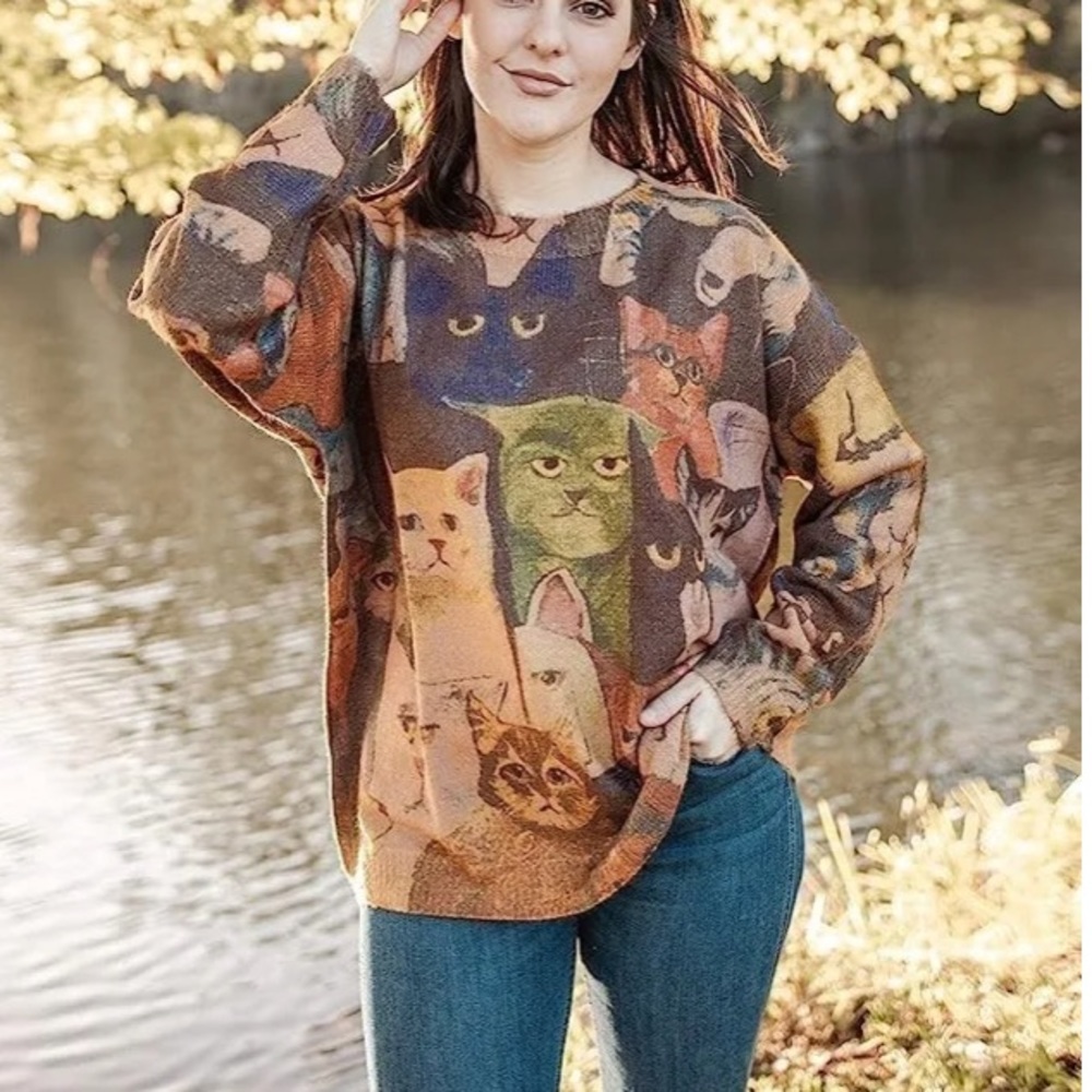 Nwot Super soft wool blend crazy cats sweater crew neck. Multi cats